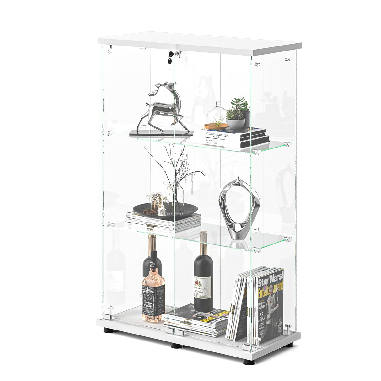 VINGLI Glass Display Cabinet with 3 Shelves, Double Doors and Lock, Floor Standing Curio Cabinets with LED Light, Upgraded Tempered Glass Bookshelf, for Living Room Living Room Bedroom Office, White VINGLI