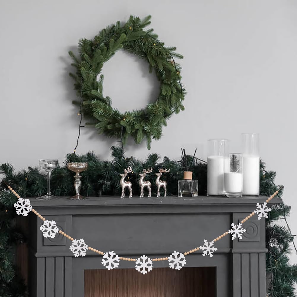 Wooden Christmas Decorations Garland with Snowflakes, Boho Christmas Decor Rustic Wood Garland, DIY Wooden Bead Xmas Garland Decor Winter Banner Decor for Tree Mantle Fireplace Wall (White)