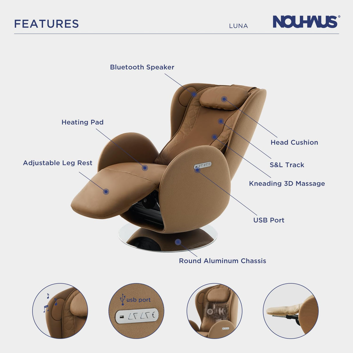 Nouhaus Luna Heated Massage Chair,Full Body Massaging Zero-Gravity Leisure Recliner with Low-Noise 3D Massage and Dual Sound Systems Modern Massage Chairs (Dark Caramel) Nouhaus