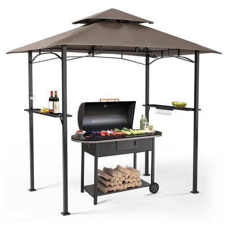 SUNCROWN Outdoor Grill Gazebo 8 x 5, Patio Double Tiered BBQ Canopy w/Air Vent, Gazebo Canopy with 8 Hook Tools for Barbecue Picnic Garden, Backyard, Poolside -Brown SUNCROWN