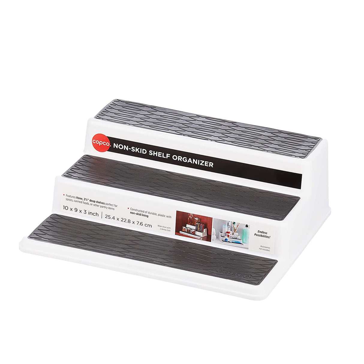 Copco Non-Skid 3-Tier Spice Pantry Kitchen Cabinet Organizer, 10-Inch, White/Gray Copco