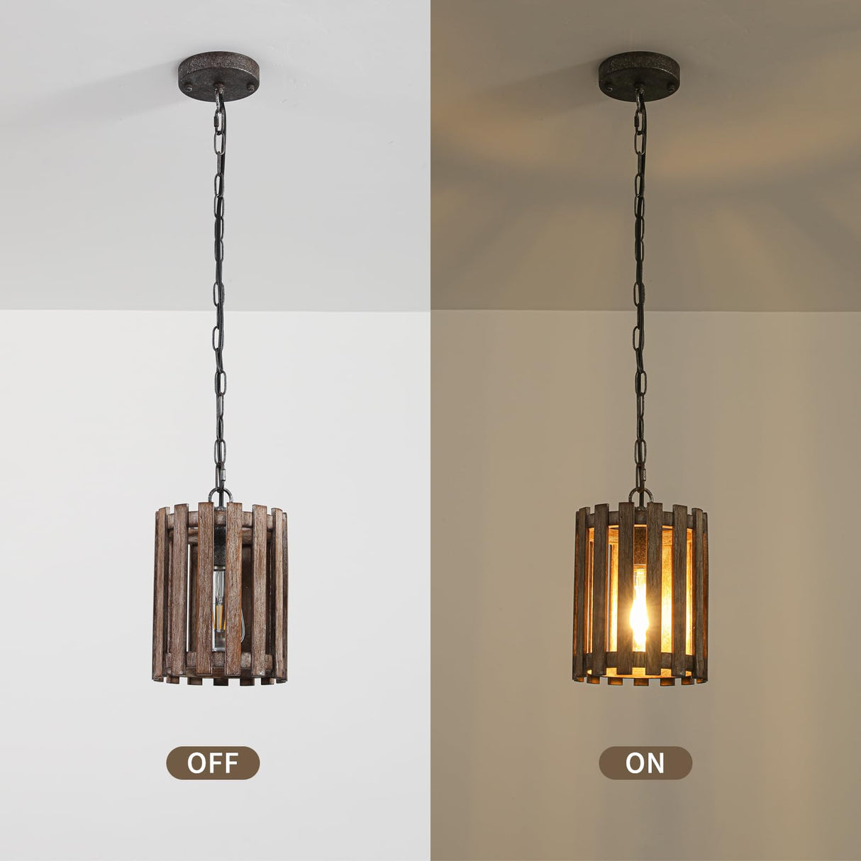 Farmhouse Rustic Pendant Light, 1-Light Round Cage Pendant Lighting Fixture with Adjustable Chain for Kitchen Island Hallway Dining Room Bar, Solid Wood wochos