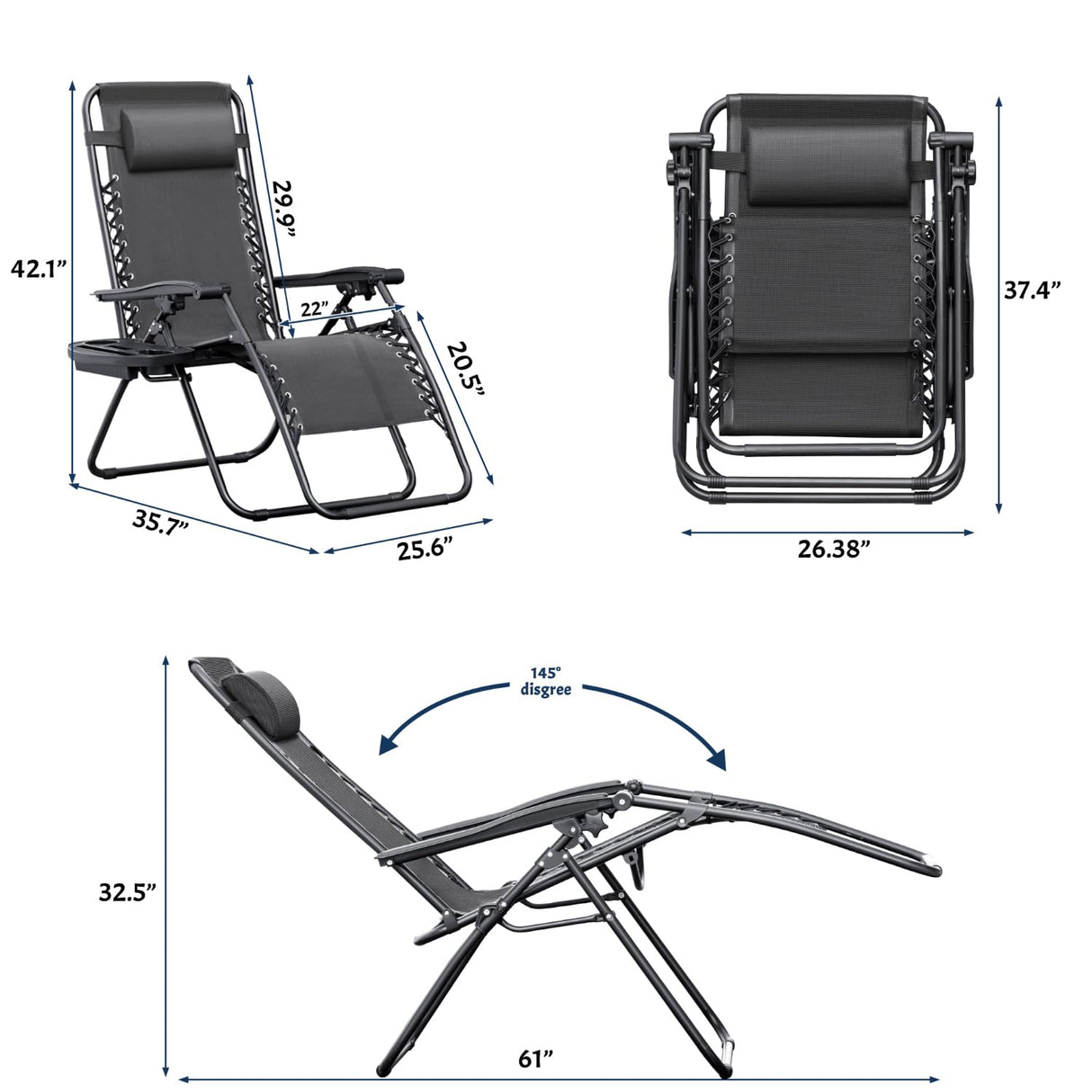 Greesum Zero Gravity Chairs Set of 2 Adjustable Steel Mesh Recliners Beach Deck Lawn Camping Patio Foldable Lounge Chair with Cup Holder Trays and Pillows,Dark Black Greesum