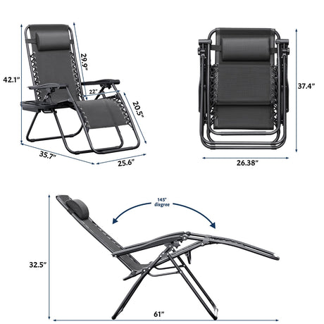 Greesum Zero Gravity Chairs Set of 2 Adjustable Steel Mesh Recliners Beach Deck Lawn Camping Patio Foldable Lounge Chair with Cup Holder Trays and Pillows,Dark Black Greesum