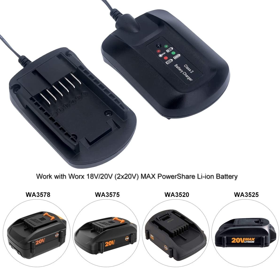 WA3742 Battery Charger for Worx 20V MAX Lithium PowerShare Battery WA3520 WA3525 WA3578 WA3732 WA3875 WA3881 WA3512.1 Gonocop