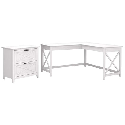 Bush Furniture Key West 60W L Shaped Desk with 2 Drawer Lateral File Cabinet in Pure White Oak - WoodArtSupply