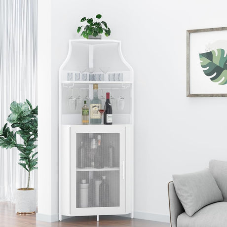 Corner Wine Rack, Bar Cabinet with Glass Holder and Storage Shelves, Baffle Design, Liquor Cabinet with Mesh Door & Adjustable Shelf, Home Bar Furniture for Living Room,Small Space White SLifet