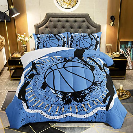 QOOMO Basketball Comforter Set for Kids Teens Boys,Blue Ball Kids Comforter,1 Comforter with 2 Pillowcase, Microfiber 3 Piece Bedding Set,Soft and Lightweight(Blue，Full Size) QOOMO