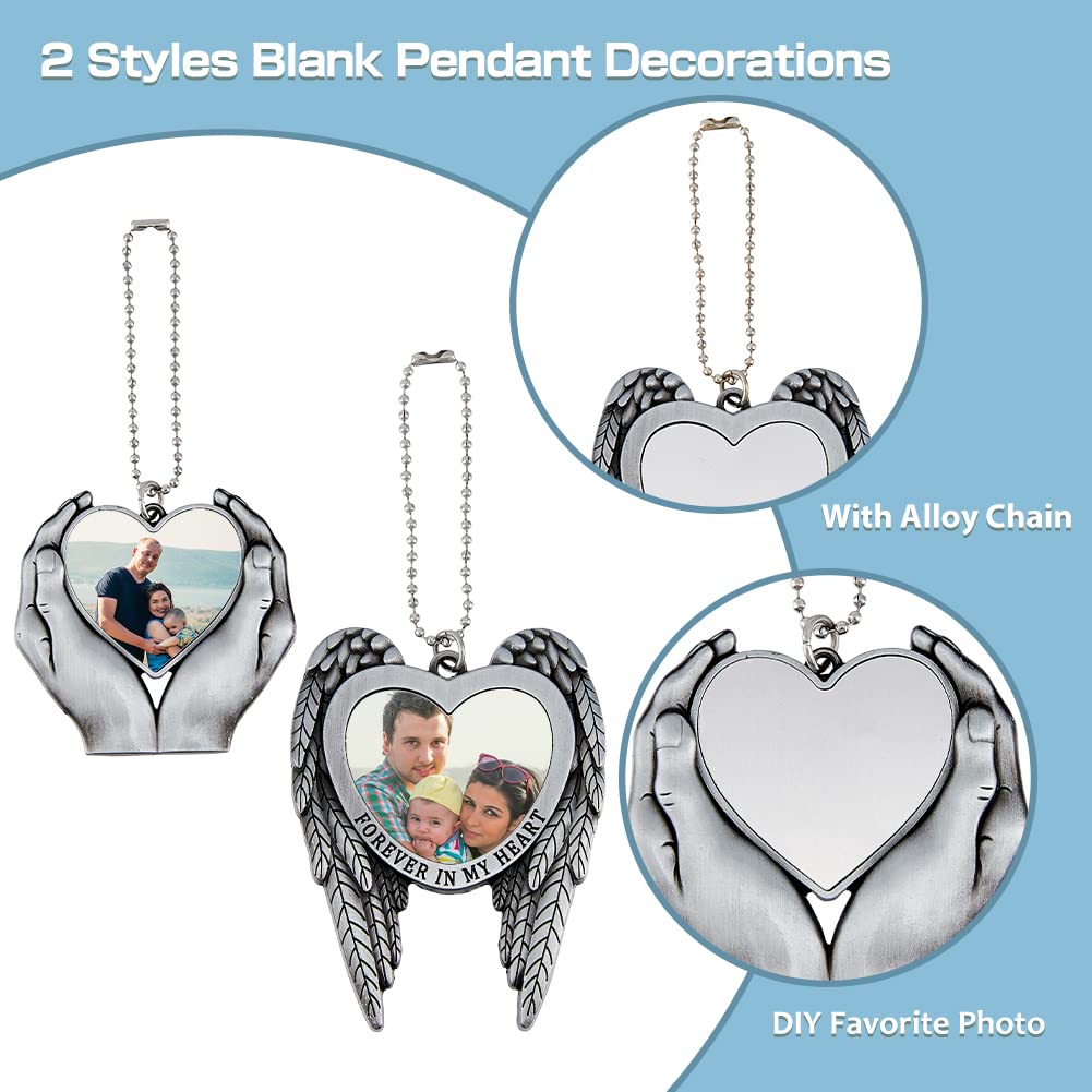 SUPERFINDINGS 4 Sets 2 Styles Alloy Heat Transfer Sublimation Blank Pendant Angel Wing Hands Holding Love Heart Photo Frame Pendant DIY Keychain Decorations SUPERFINDINGS
