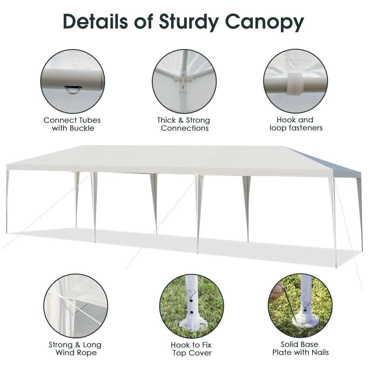 Tangkula 10 x 30 Feet Outdoor Canopy Tent, Wedding Party Tent with 16 Stakes & 8 Wind Ropes, Yard Enclosed White Tent for Events, Parties, Backyard - WoodArtSupply