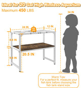 Mondazie 20 Gallon High Rimless Fish Tank Stand with Shelf for Storage, 2 Tiers Metal Aquarium Stand, Breeder Tank Turtle Reptile Terrariums Stand Rack for Home Office, 24" L x 12" W x 20.5" H, White Mondazie