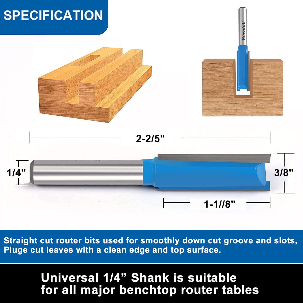 1/4 Straight Router bit Set, Newdeli Double Flute Straight Bit Set in Carbide Tipped, Woodwork Carbide Wood Milling Cutter Woodworking Tools Newdeli