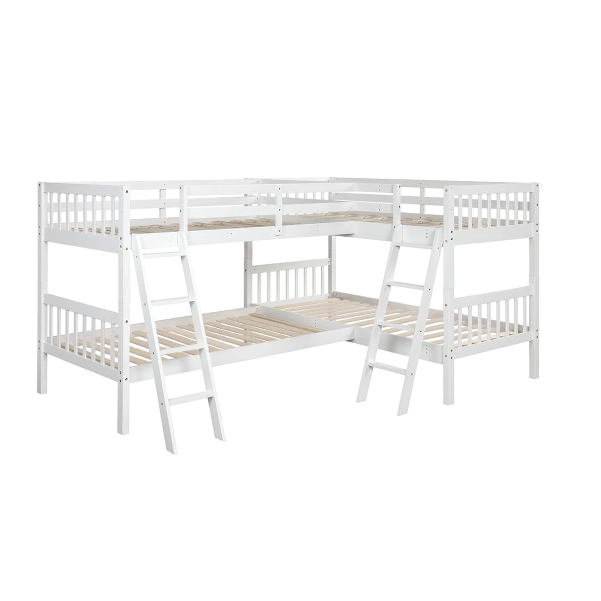 Four Bed, Twin Over Twin L-Shaped Bunk Bed with 2 Ladders, Wooden Corner Bunk Beds for 4 Person, Quad Bunk Bed with Angle Ladder and Guardrail for Children Teens Adults, No Box Spring Needed,White TRIPLE TREE