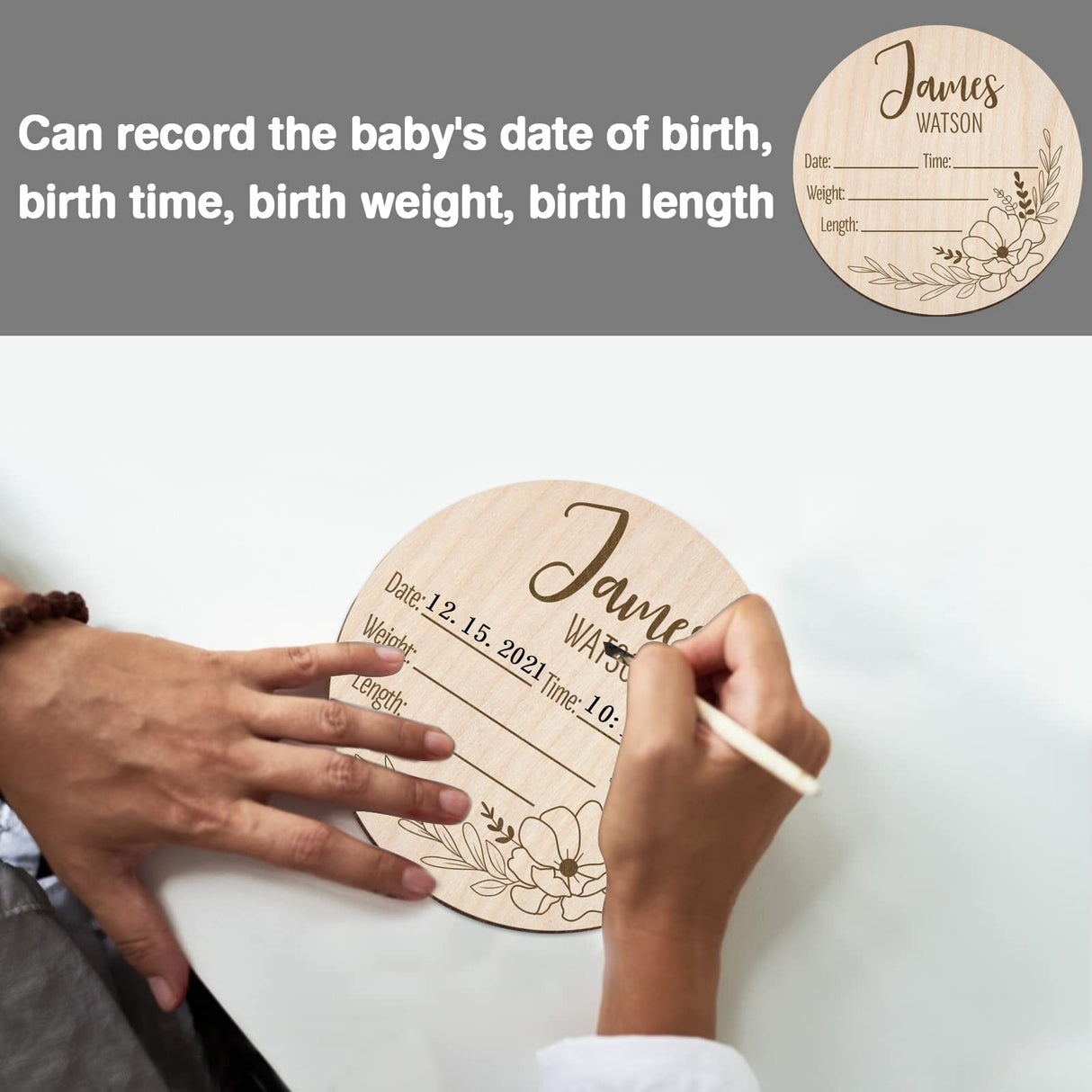 Mayyi Newborn Birth Announcement Sign,Personalized Newborn Handprint and Footprint Sign,Custom Engraved Wooden Baby Name Sign,Newborn Photo Props, Mayyi