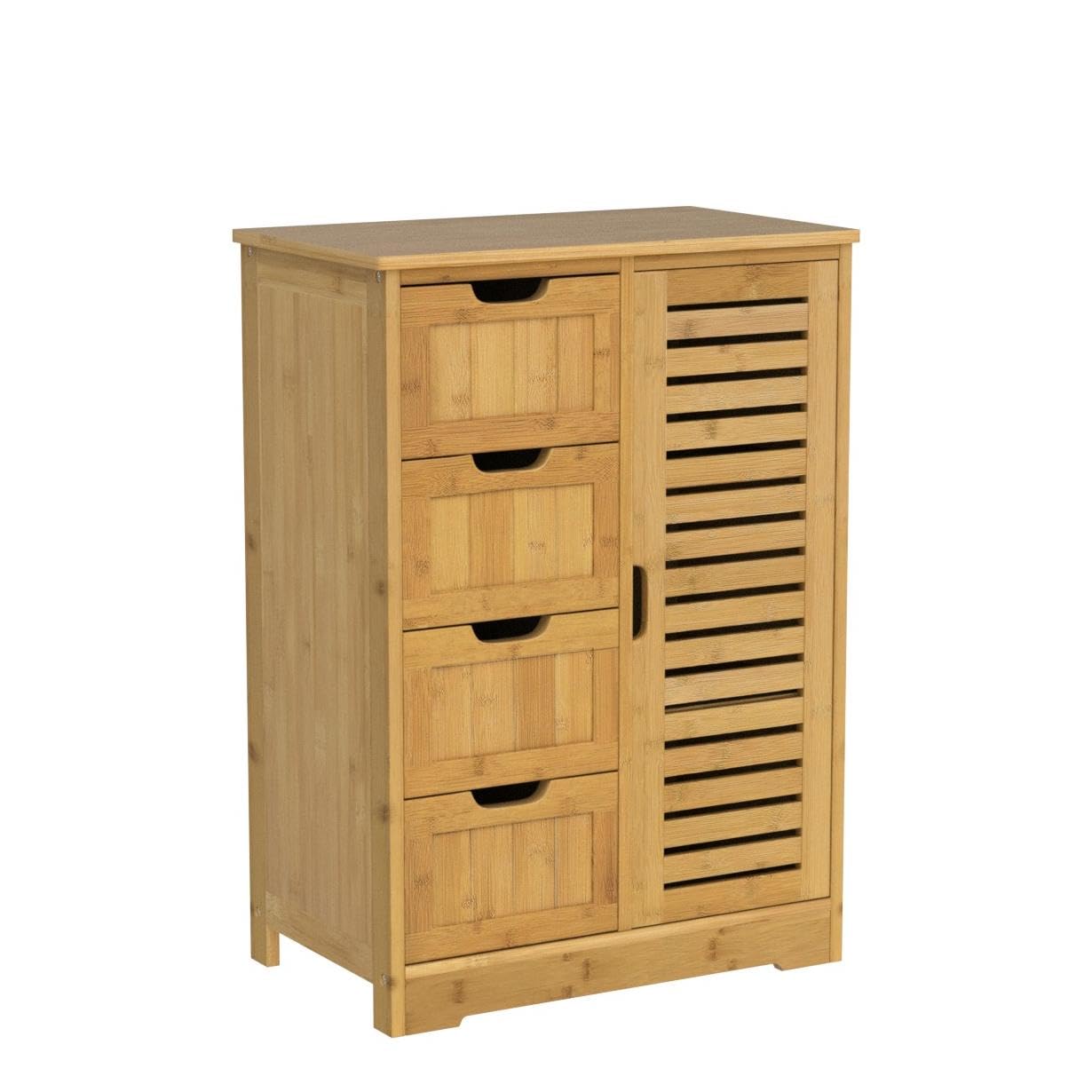 VEIKOU Bathroom Storage Cabinet with 4 Drawers, Freestanding Bamboo Cabinet with 2 Removable Shelves, Living Room Organizer Storage Cabinet, Natural - WoodArtSupply