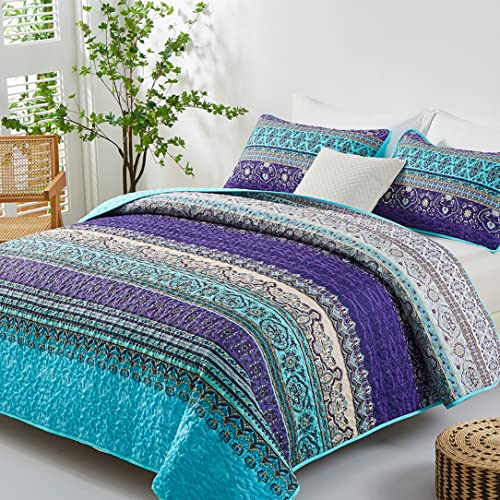 WONGS BEDDING Boho Queen Quilt Set, Blue Purple Bohemian Queen Quilt Bedding Set, Lightweight Microfiber Bed Decor Bedspread for All Season 96"x90"(3 Pieces) WONGS BEDDING