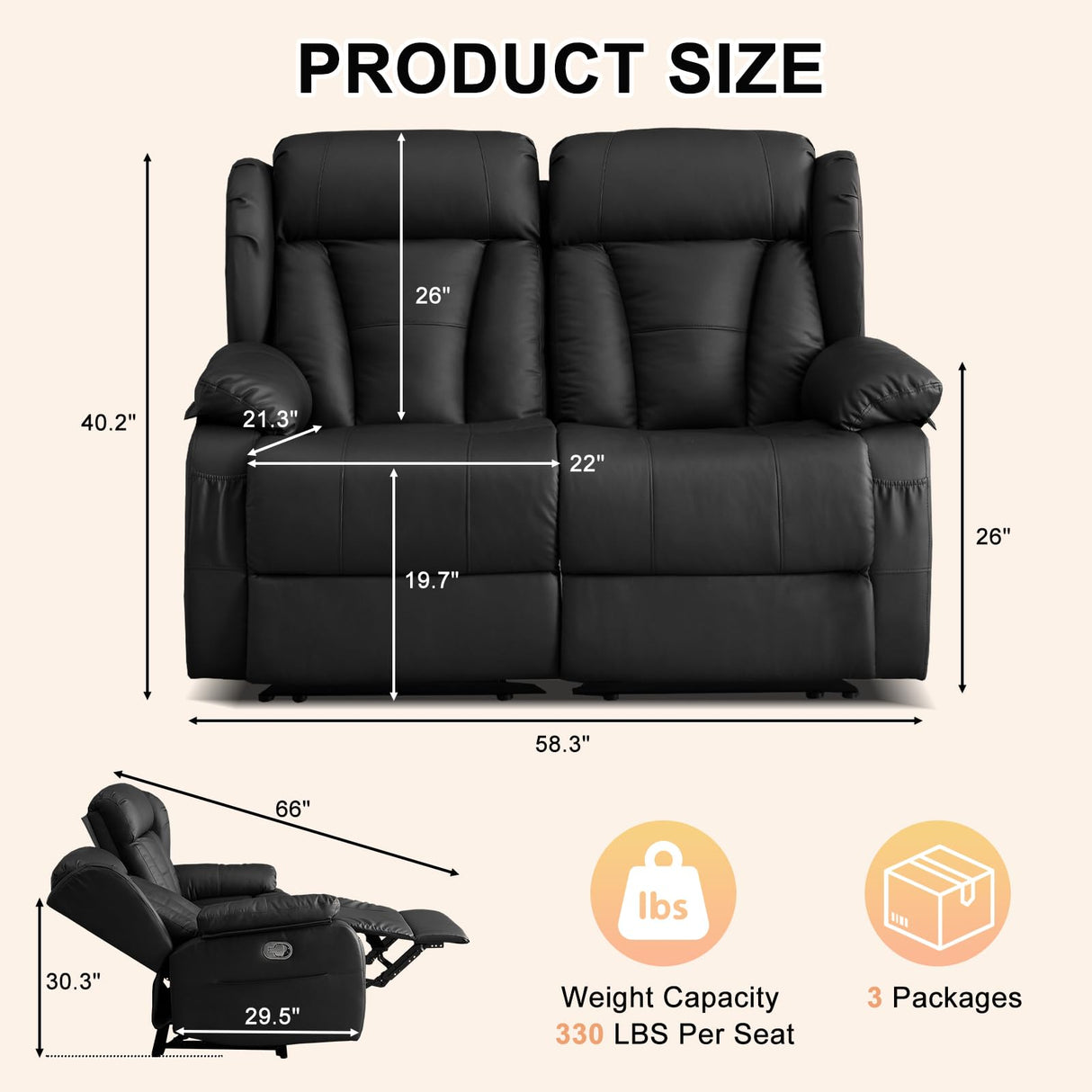 WISHDEER 58.3" Reclining Loveseat Sofa, RV Loveseat Recliner Couch - Home Theater Seating with Side Pockets for Living Room, Manual RV Recliners for Travel Trailers (Black, Loveseat) WISHDEER