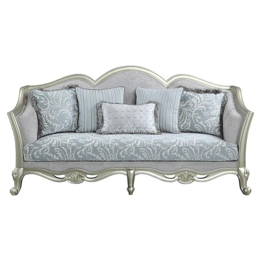 Acme Qunsia Sofa with 5 Pillows in Light Gray Fabric and Champagne Acme
