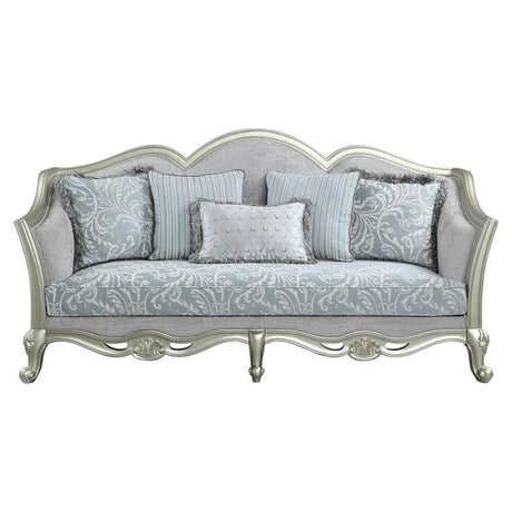 Acme Qunsia Sofa with 5 Pillows in Light Gray Fabric and Champagne Acme