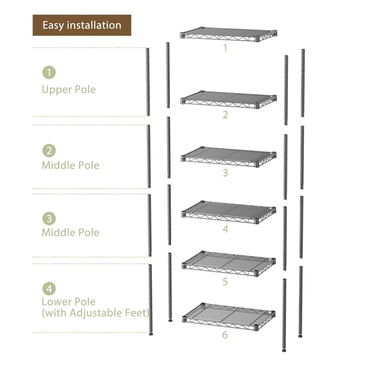 SINGAYE 6 Shelf Storage Wire Shelves Closet Bathroom Organizers Metal Pantry Kitchen Small Garage Shelving Unit Laundry Room Organization Home Narrow Rack Net Basket with Wheels Black SINGAYE