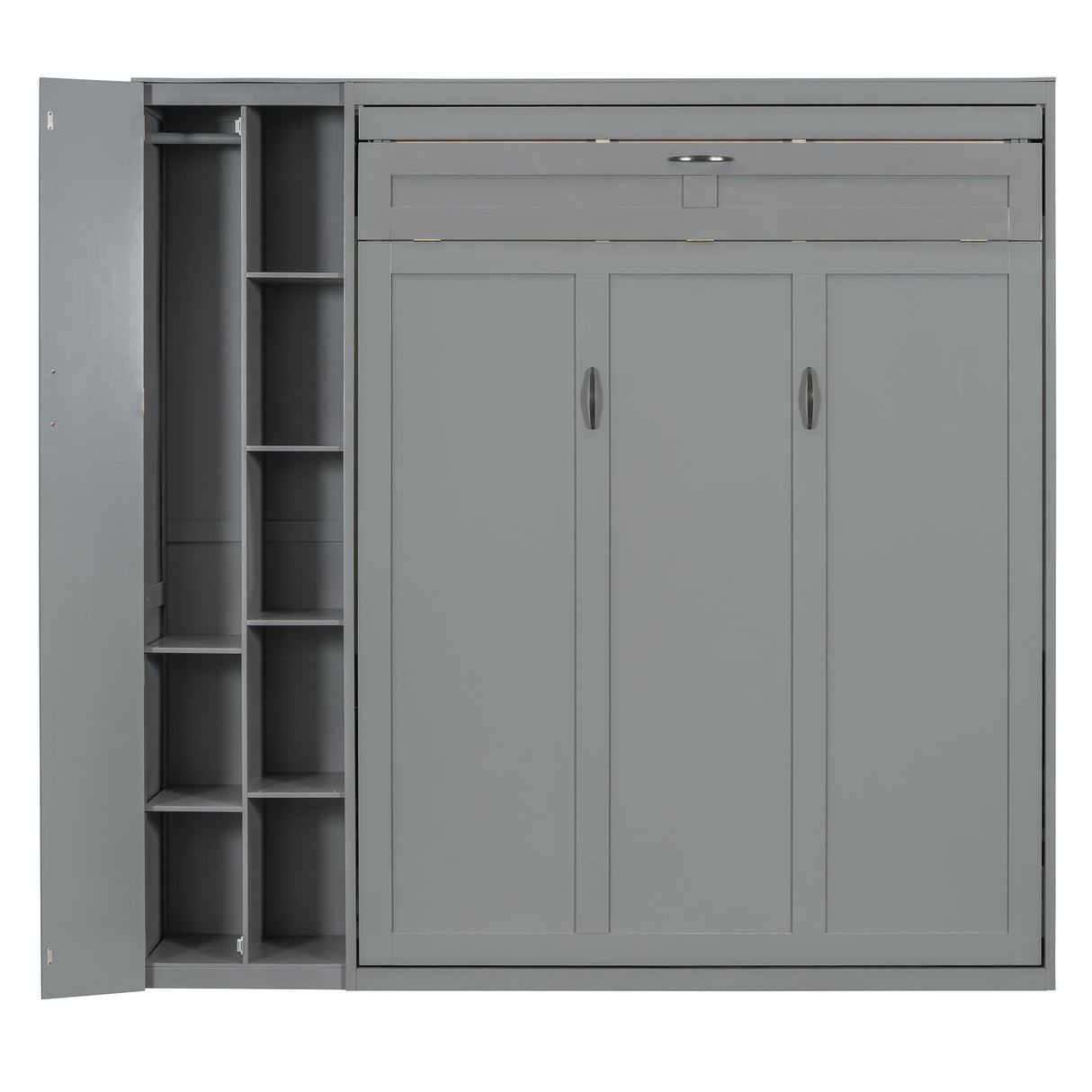 P PURLOVE Murphy Bed Queen, Wood Wall Bed with Shelves, Wardrobe and LED Lights, No Box Spring Needed (Gray) P PURLOVE
