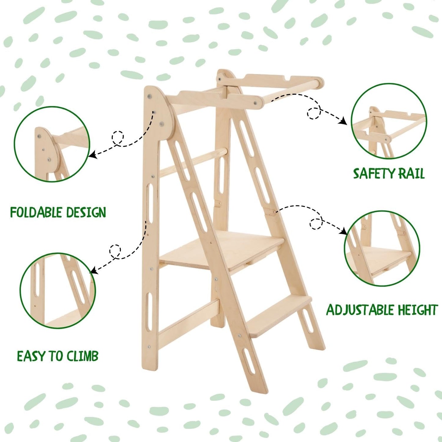 YK KIDS, Foldable Toddler Tower, Step Stool for Kids, Foldable Kitchen Tower for Kids, Step Stool with Safety Rail, Montessori Child Standing Tower (Natural)