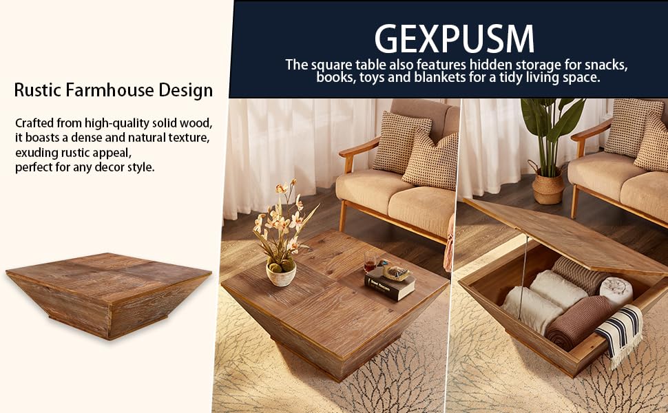 Gexpusm Square Coffee Tables for Living Room, Wood Coffee Table with Storage, Modern Table with Lift Top Farmhouse Furniture Style, 35.43 * 35.43 * 13.78in Gexpusm