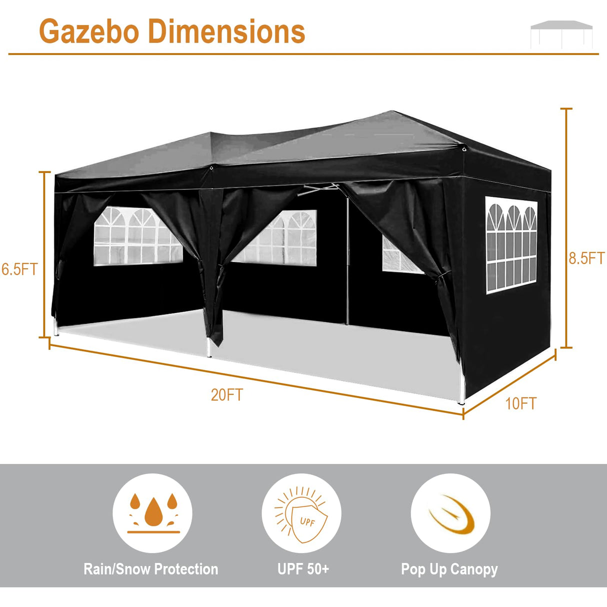DOINUO 10x20 Black Pop Up Canopy Outdoor Tent Party Tent with 6 Sidewalls, Wedding Party Tent Outdoor Canopy Waterproof UV50 Canopy Tent Event Shelter for Parties, 6 pcs Weight Bag,Carry Bag DOINUO