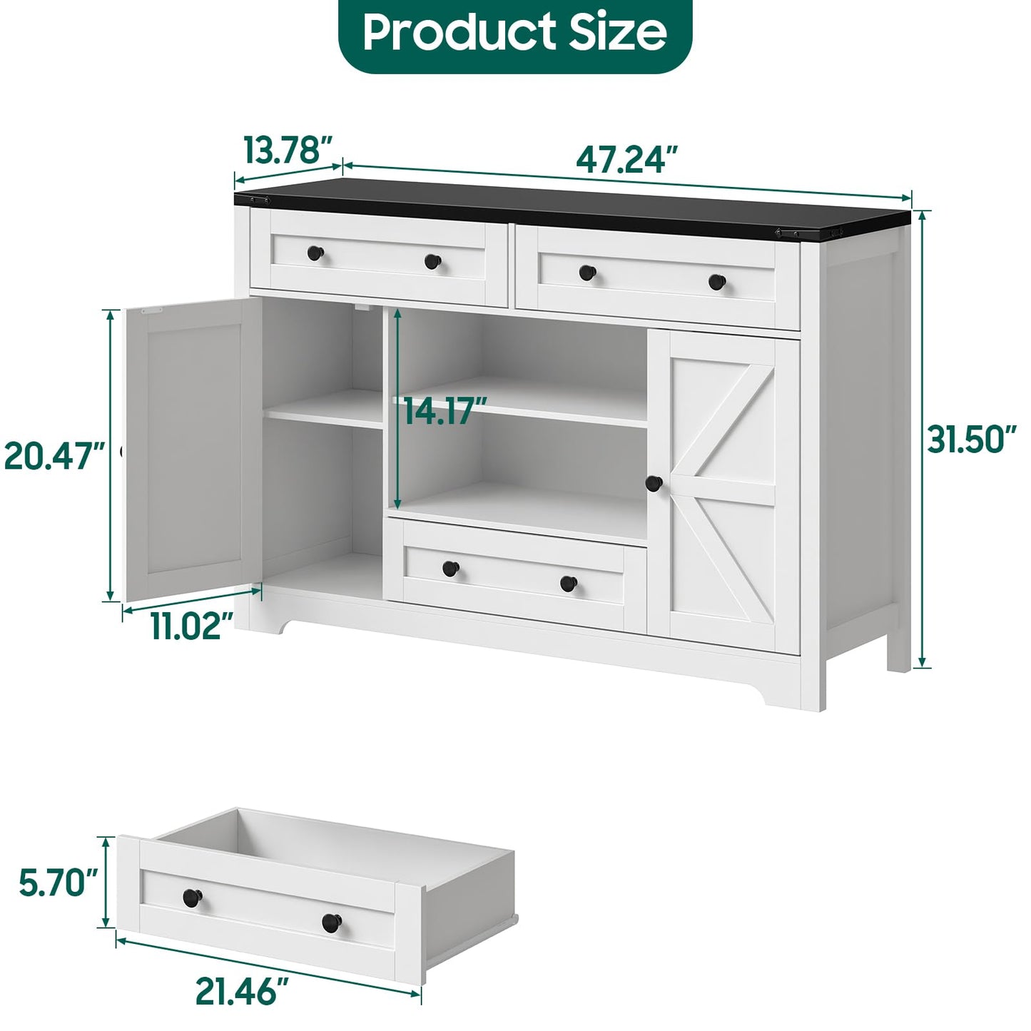 Vabches Farmhouse Sideboard Buffet Cabinet, Kitchen Storage Cabinet with 3 Large Drawers and 2 Doors Wood Rustic Sideboard Buffet Cabinet for Kitchen, Living Room, White