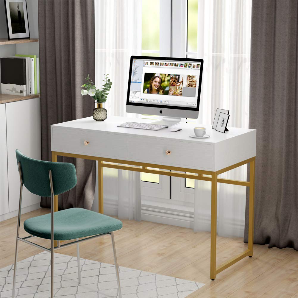 Tribesigns Computer Desk, Modern Simple 47 inch Home Office Desk Study Table Writing Desk with 2 Storage Drawers, Makeup Vanity Console Table, White and Gold - WoodArtSupply