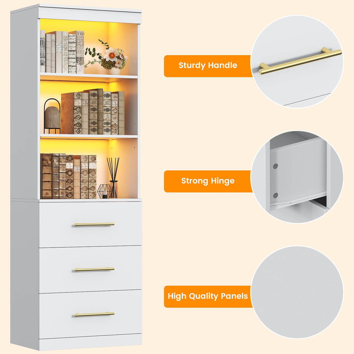 Winkalon 71“H White Bookshelf with LED Light, Bookcase and Bookshelf with Drawers, Tall Bookcase Tall Storage Cabinet 3-Tier Open Shelves for Home Office Living Room Bedroom, 15.8"D x 23.6"W x 70.9"H Winkalon