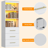 Winkalon 71“H White Bookshelf with LED Light, Bookcase and Bookshelf with Drawers, Tall Bookcase Tall Storage Cabinet 3-Tier Open Shelves for Home Office Living Room Bedroom, 15.8"D x 23.6"W x 70.9"H Winkalon