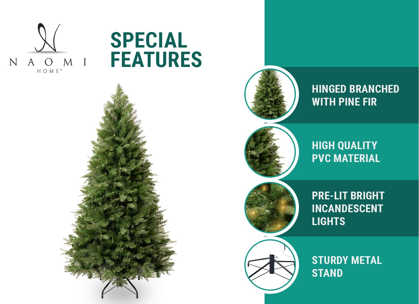 Naomi Home 9ft Christmas Tree with Lights, Realistic Fir Christmas Tree Prelit with 2532 Branch Tips, 900 Warm Lights and Metal Stand, Aritificial Christmas Tree, Árbol De Navidad