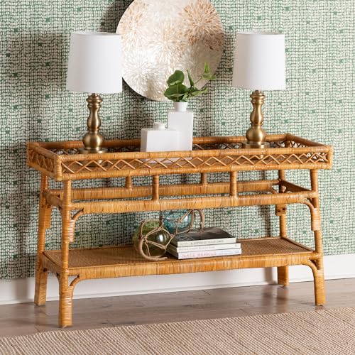 Bali & pari Savitri Modern Bohemian Natural Rattan 2-Tier Console Table bali & pari