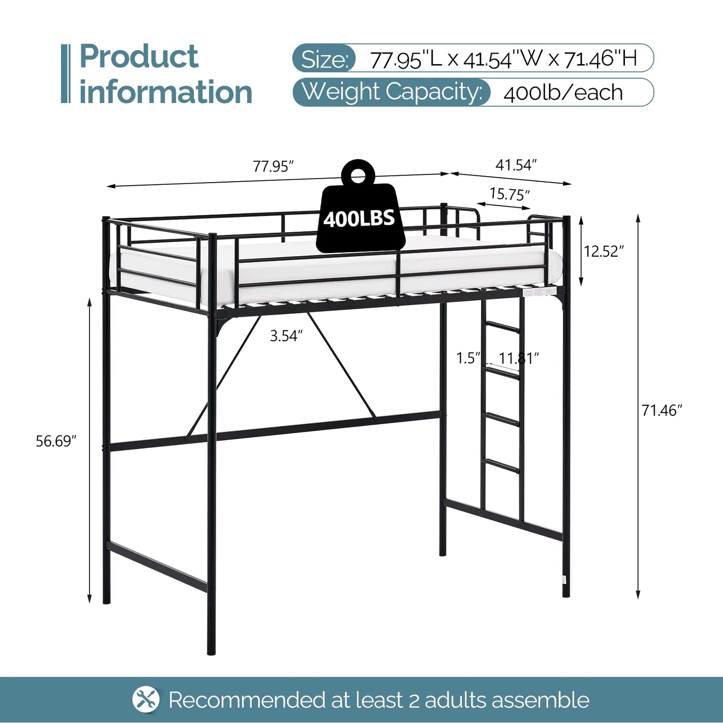 VINGLI Twin Loft Bed with Stairs - Sturdy Metal Bunk Bed with Safety Guard Rails in Black - WoodArtSupply