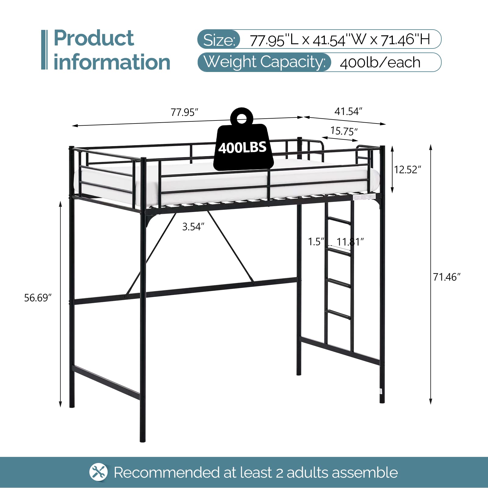 VINGLI Twin Loft Bed with Stairs - Sturdy Metal Bunk Bed with Safety Guard Rails in Black - WoodArtSupply