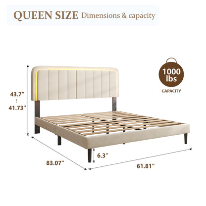 CXVX Adjustable Velvet Platform Queen Size Bed with LED Lights, Charging Station & Wooden Slats, Upholstered Bed Frame with Headboard, Noise-Free Mattress Foundation, No Box Spring Required