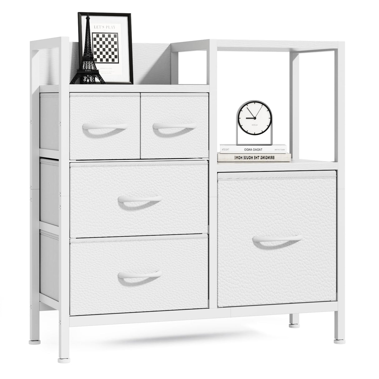 Furnulem Dresser for Bedroom Organization Fabric Dresser Units with 5 Storage Drawers Sturdy 2 Tier Shelf Large Space Dresser Bedroom Dresser for Hallway Entryway Dorm White Furnulem