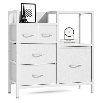 Furnulem Dresser for Bedroom Organization Fabric Dresser Units with 5 Storage Drawers Sturdy 2 Tier Shelf Large Space Dresser Bedroom Dresser for Hallway Entryway Dorm White