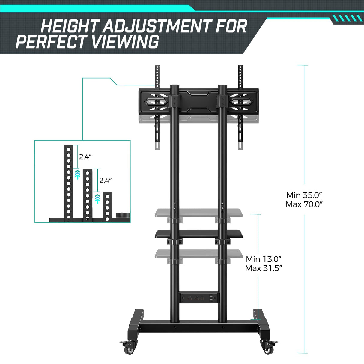 Greenstell TV Stand with Power Outlet, Mobile TV Cart on Wheels for 32-85 inch LED LCD Flat Curved Panel Screen TVs, up to 132lbs, Height Adjustable Rolling TV Stand with AV Shelf, Max VESA 600x400mm GREENSTELL