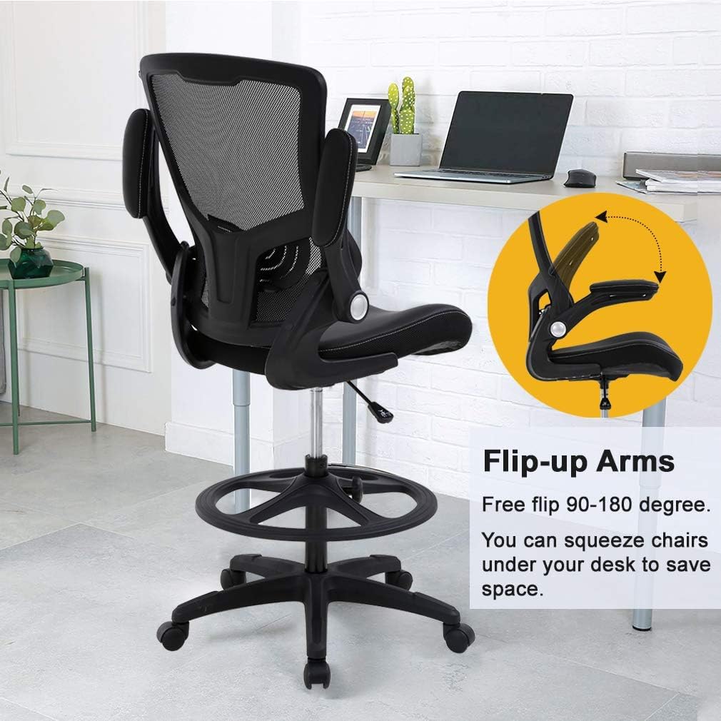 Drafting Chair Ergonomic Tall Office Chair Standing Desk Chair with Flip Up Arms Foot Rest Back Support Adjustable Height Mesh Drafting Stool, Black - WoodArtSupply