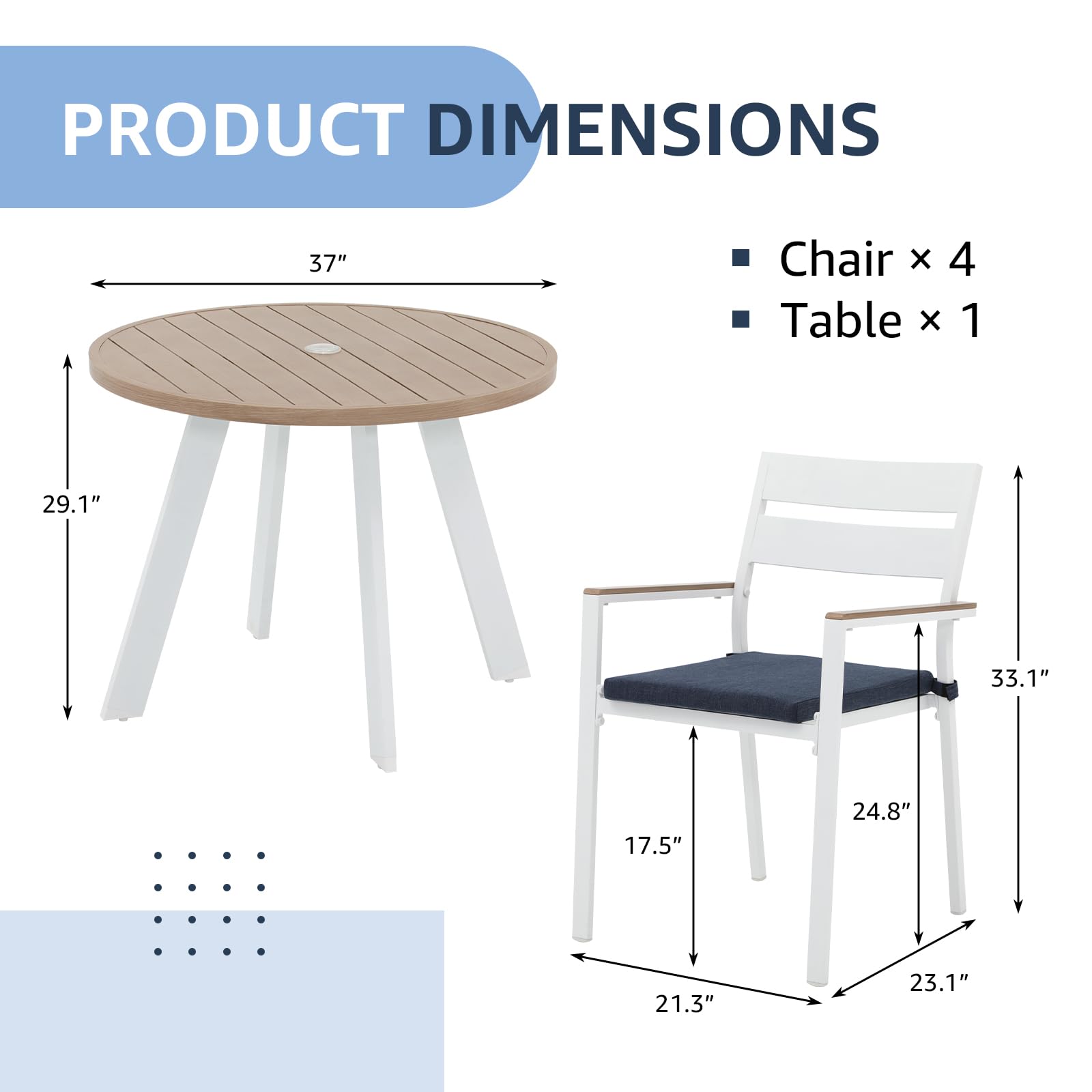 OC Orange-Casual 5 Piece Aluminum Patio Dining Set, Outdoor Furniture Set with 4 Stackable Cushioned Chairs and Round Weather Resistant Table w/Umbrella Hole for Deck, Backyard, Poolside(Dark - WoodArtSupply