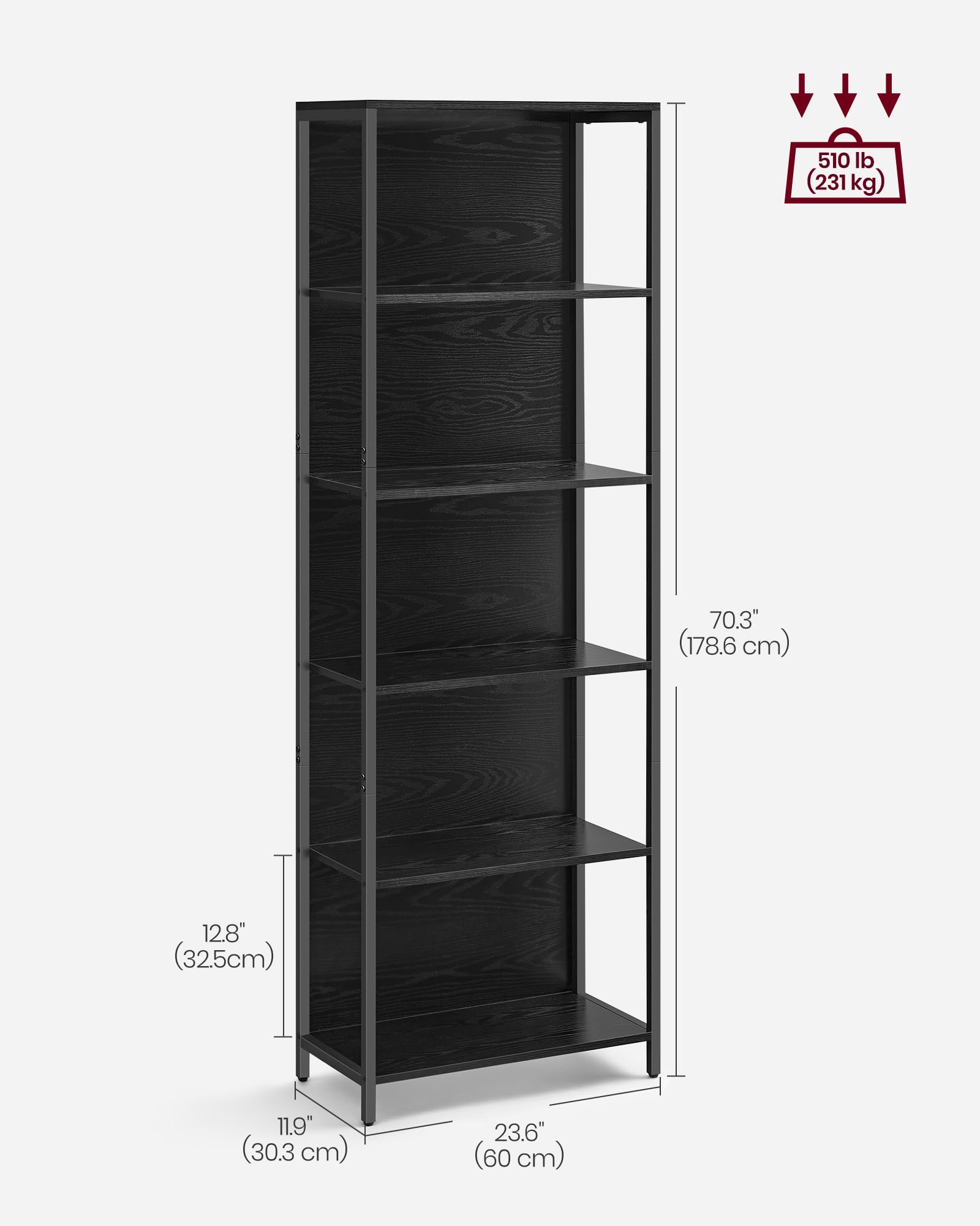 VASAGLE 6-Tier Dimmable LED Bookshelf with Steel Frame, Black Wood Grain Display Unit - WoodArtSupply