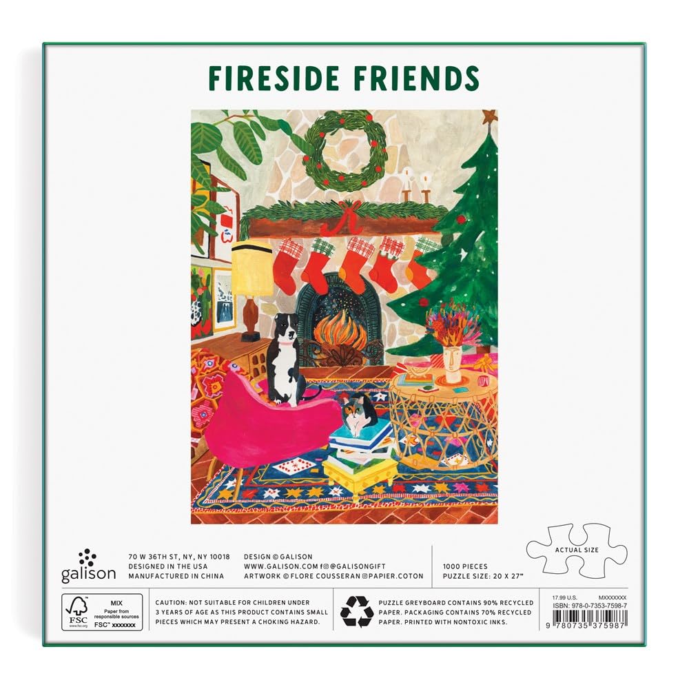 Galison Fireside Friends 1000 Piece Puzzle in Square Box from Galison - Holiday Puzzle for Adults with Beautiful Artwork, Thick and Sturdy Pieces, Makes a Wonderful Gift! Galison
