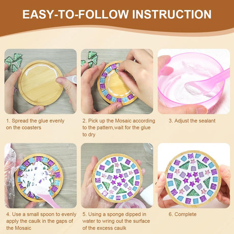 Adboros 10 Sets DIY Glass Mosaic Tiles for Crafts Mixed Color Mosaic Kits with Wooden Coaster for Adults Bamboo Coaster for Drinks Tray Handmade Home Decoration Adboros