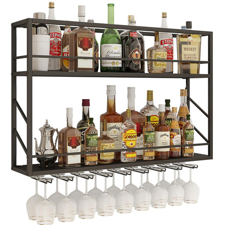Woskar Wall Mounted Wine Rack 2 Tier, Metal Bar Liquor Shelves and Glass Holder,Wall Bar Shelf Wine Display Storage Holder for Home Bar, Dining Room, Kitchen(31.4×7.8×26in) Woskar