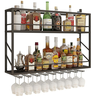 Woskar Wall Mounted Wine Rack 2 Tier, Metal Bar Liquor Shelves and Glass Holder,Wall Bar Shelf Wine Display Storage Holder for Home Bar, Dining Room, Kitchen(31.4×7.8×26in)