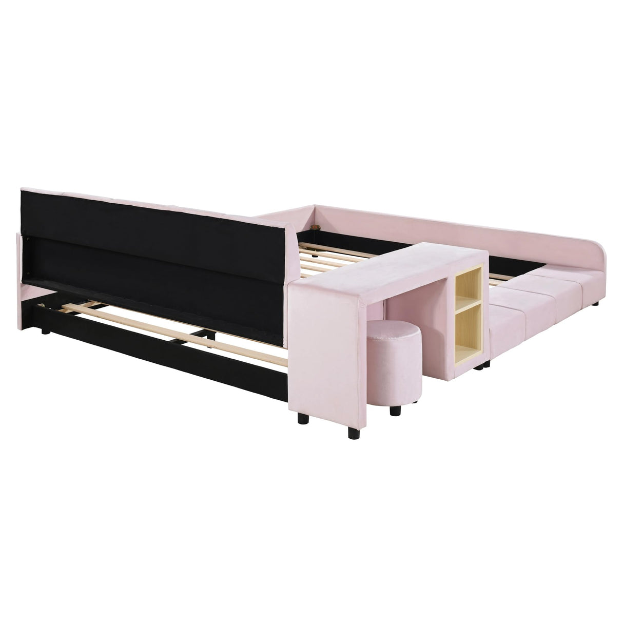 Velvet Upholstered Grounded Bed Platform Bed, Wooden Queen Size Mother & Child Bed Frame with Bedside Desk and Little Round Stool, Kids Adults Bedroom Furniture Floor Bed Platform Bed (Pink Bed) CJLMN