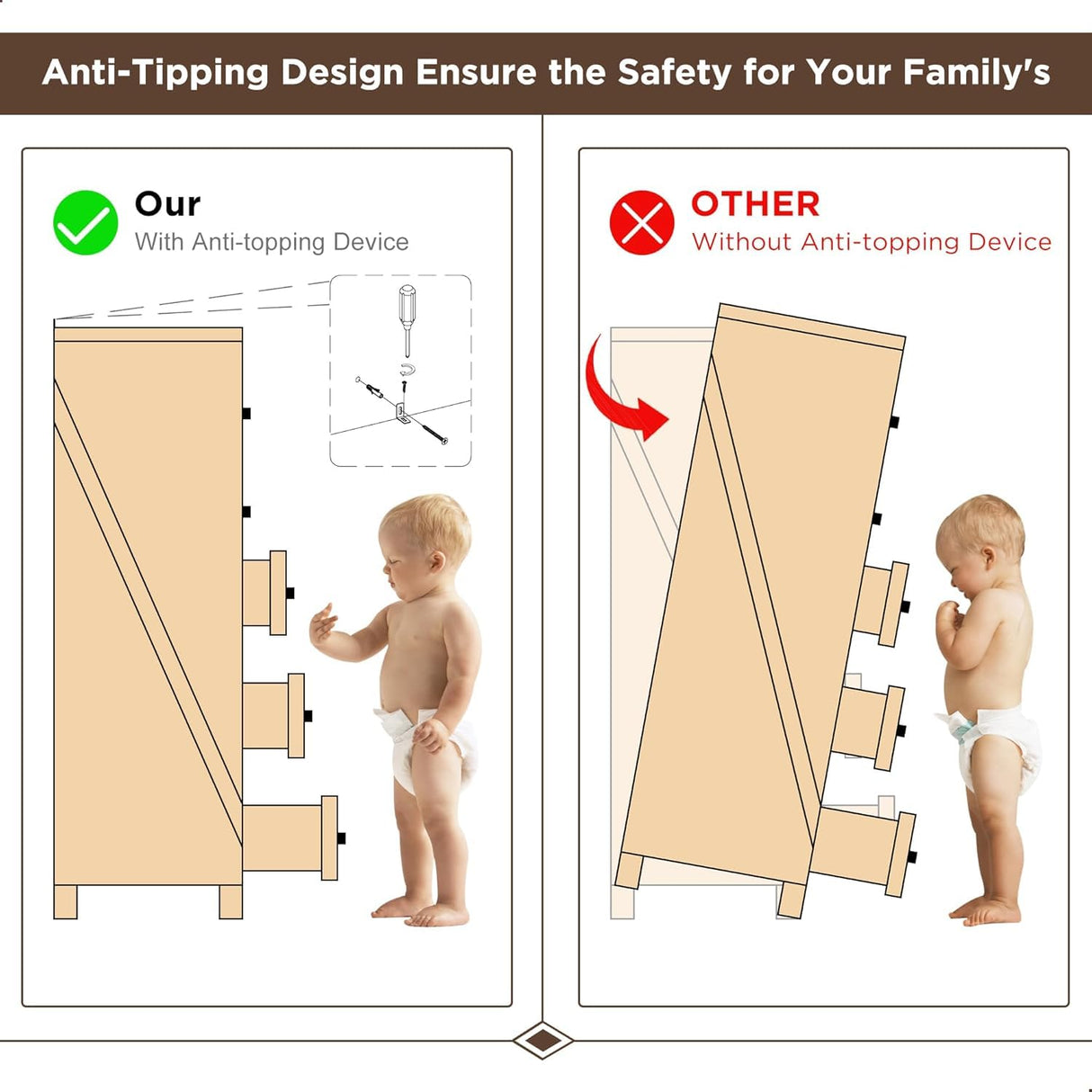 ACCOHOHO 6 Drawer Dresser, Farmhouse Chest of Drawers for Bedroom, 44" Tall Dresser with Large Metal Handles, Wood Drawer Organizer for Living Room, Hallway, Closet - Brown ACCOHOHO