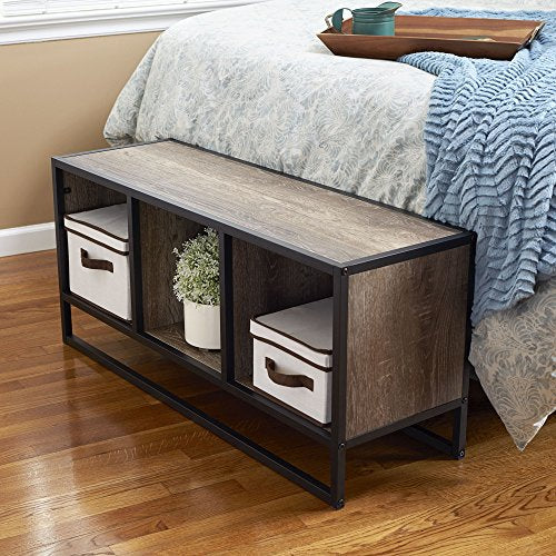 Household Essentials Jamestown TV Stand Coffee Table with Square Cube Storage Compartments Ashwood Rustic Wood Grain and Black Metal Household Essentials